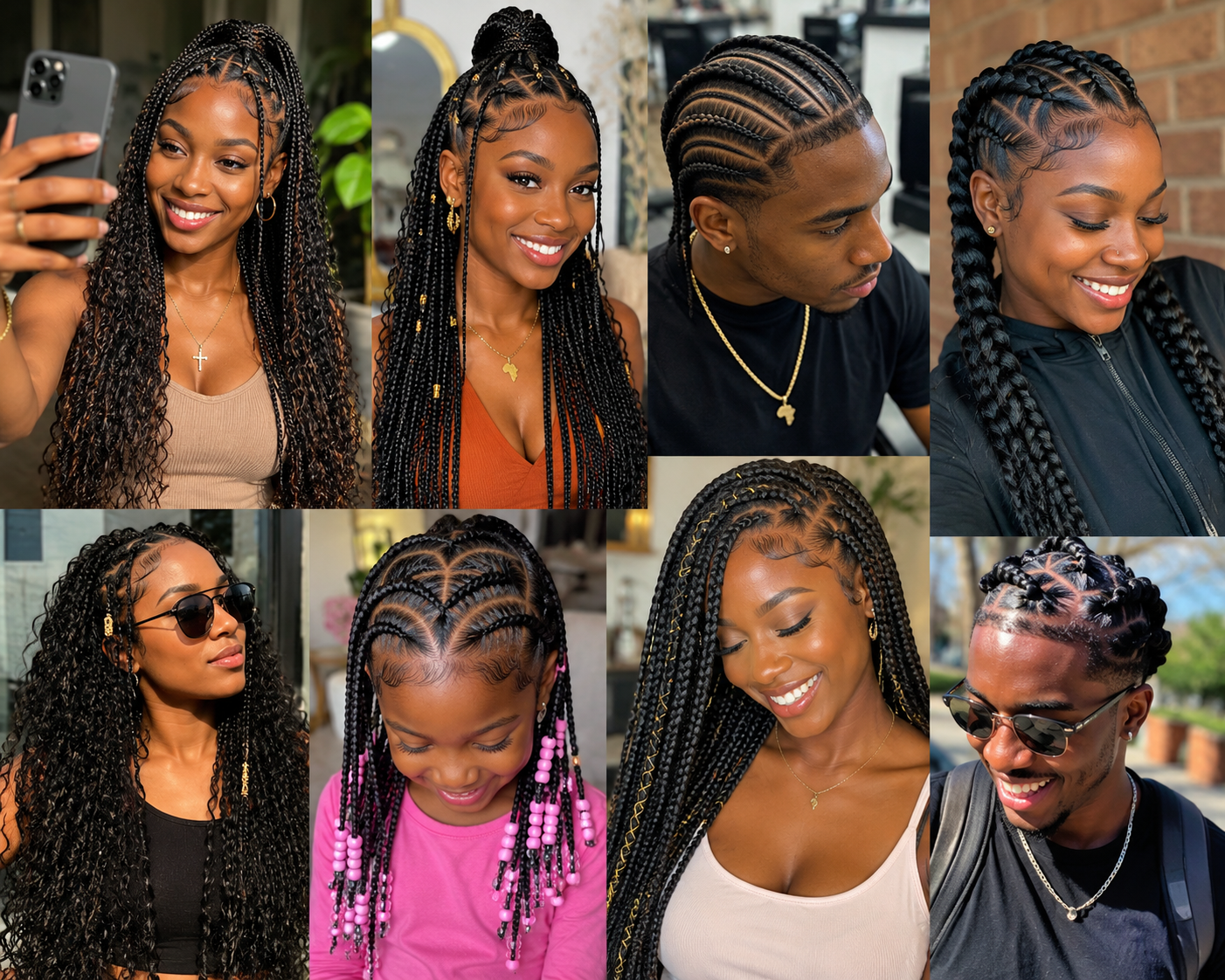 Collage of Black women, men, and children wearing boho knotless, Fulani braids, stitch braids, cornrows, goddess braids, and beaded kids' braids