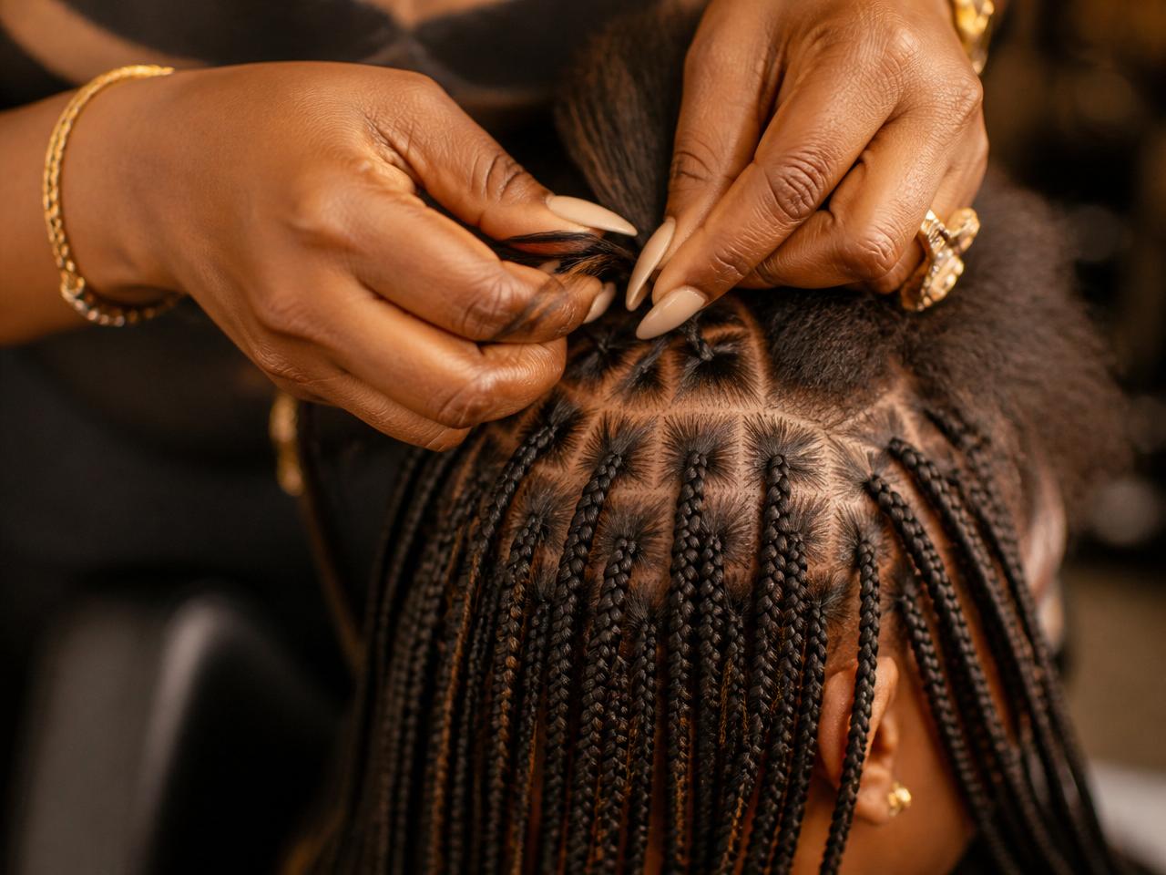 Close-up of a braider's hands creating knotless braids