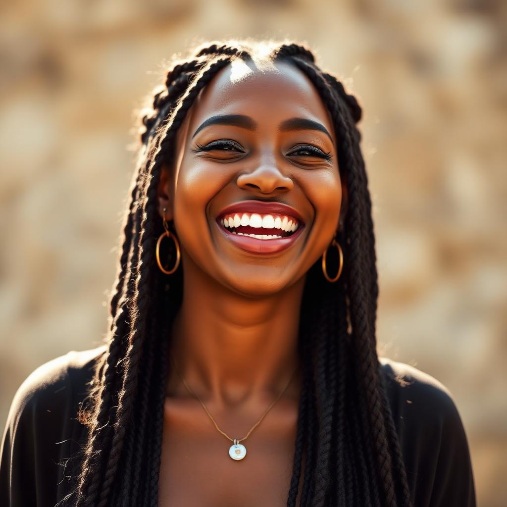 Black woman laughing wearing long boho knotless braids