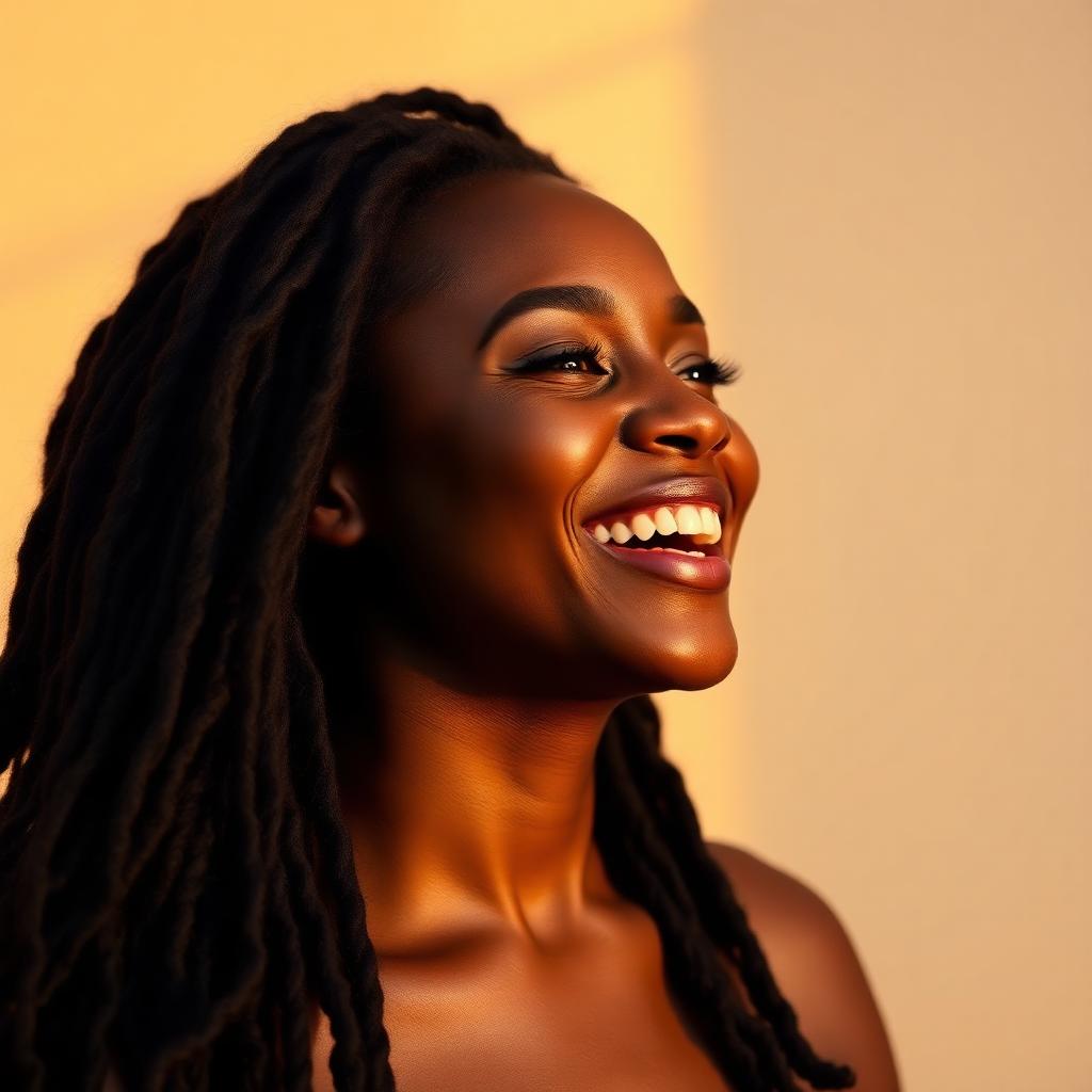 Black woman laughing with long faux locs in warm golden light