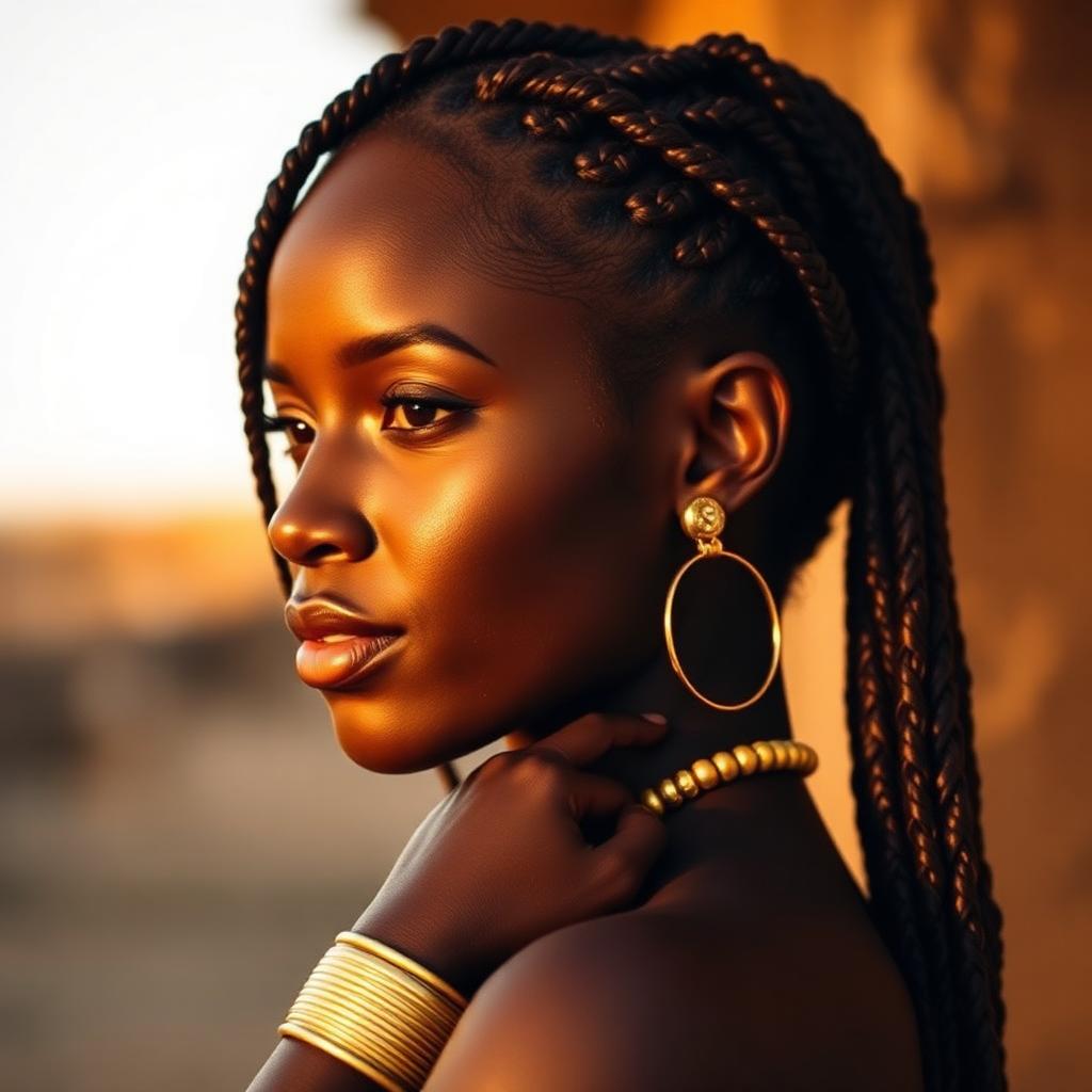 Black woman in profile with Fulani braids and gold accents