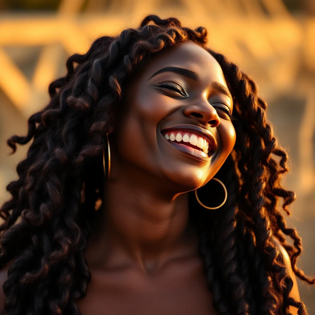 Black woman laughing with voluminous goddess braids in golden light