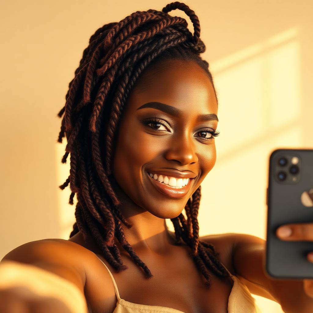 Black woman smiling taking a selfie with long Senegalese twists